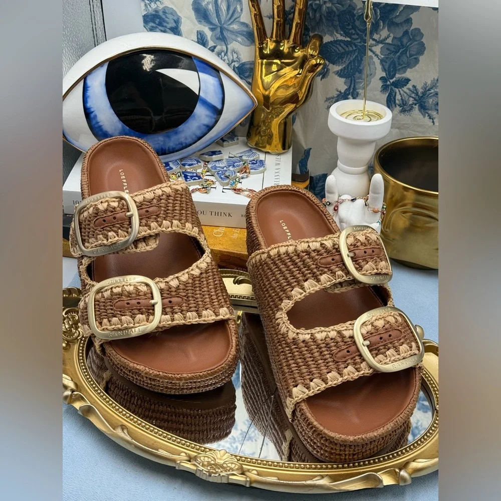 🆕 LOEFFLER RANDALL 🧿 NWOB Theo Embroidered Raffia Platform Sandal, Brown Sz 7